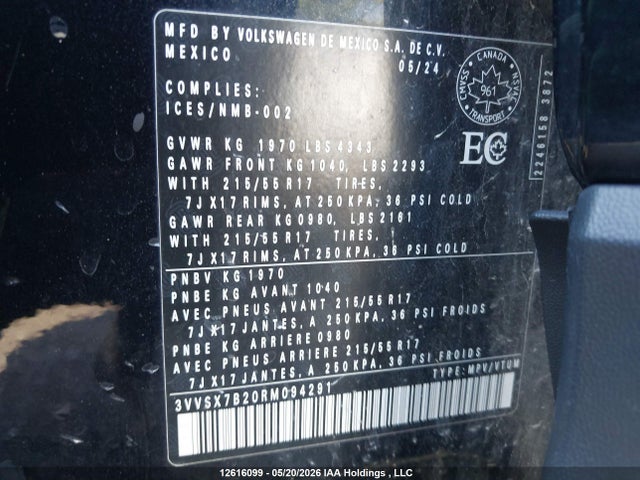 12616099 :رقم المزاد ، 3VVSX7B20RM094291 vin ، 2024 Volkswagen Taos Se مزاد بيع