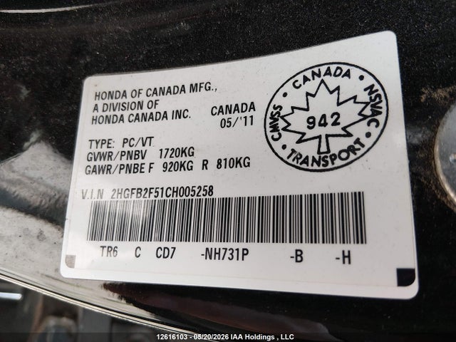 2012 Honda Civic Ex მანქანა იყიდება აუქციონზე, vin: 2HGFB2F51CH005258, აუქციონის ნომერი: 12616103