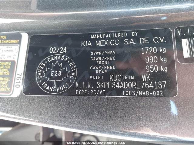 2024 Kia Forte Ex/ex+/ex Premium მანქანა იყიდება აუქციონზე, vin: 3KPF34AD0RE764137, აუქციონის ნომერი: 12616104