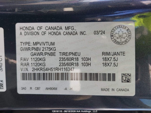 12616110 :رقم المزاد ، 2HKRS4H51RH116347 vin ، 2024 Honda Cr-v مزاد بيع