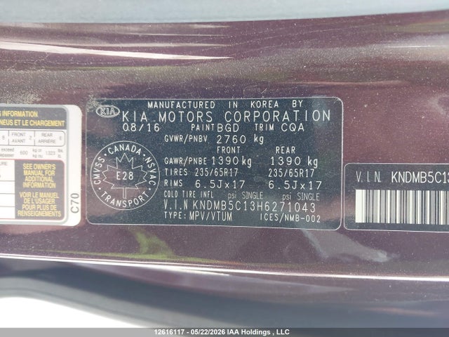 Продажа на аукционе авто 2017 Kia Sedona Lx, vin: KNDMB5C13H6271043, номер лота: 12616117