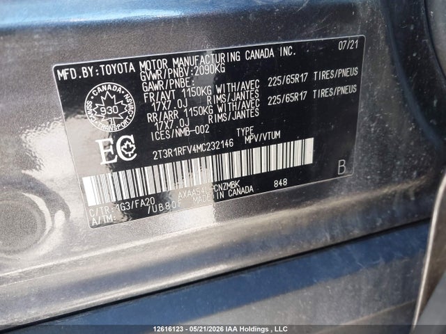 2021 Toyota Rav4 Xle/xle Premium მანქანა იყიდება აუქციონზე, vin: 2T3R1RFV4MC232146, აუქციონის ნომერი: 12616123
