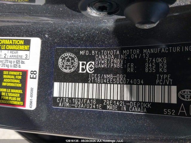 2013 Toyota Corolla S/le მანქანა იყიდება აუქციონზე, vin: 2T1BU4EE5DC074034, აუქციონის ნომერი: 12616135