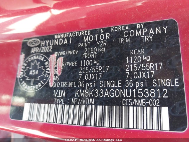 2022 Hyundai Kona Sel მანქანა იყიდება აუქციონზე, vin: KM8K33AG0NU153812, აუქციონის ნომერი: 12616141