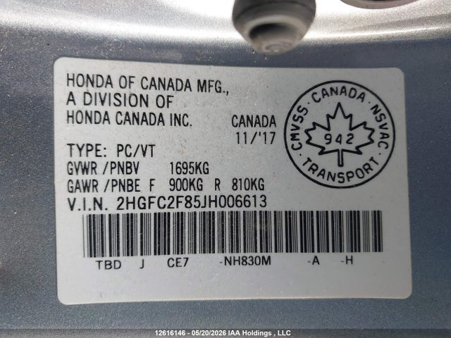 2018 Honda Civic Ex მანქანა იყიდება აუქციონზე, vin: 2HGFC2F85JH006613, აუქციონის ნომერი: 12616146