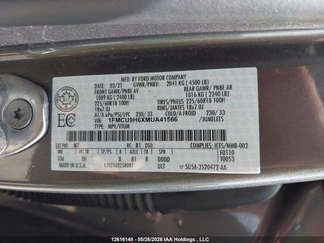 Продаж на аукціоні авто 2021 Ford Escape Sel, vin: 1FMCU9H6XMUA41566, номер лоту: 12616148