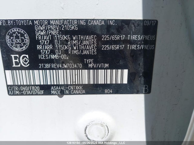 12616154 :رقم المزاد ، 2T3BFREV4JW703470 vin ، 2018 Toyota Rav4 Le مزاد بيع