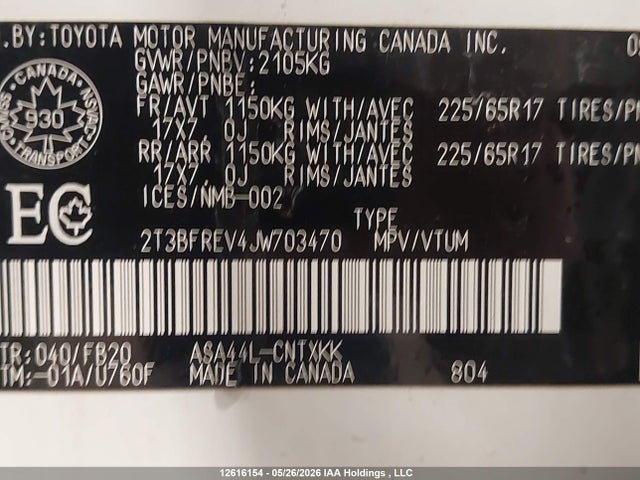 12616154 :رقم المزاد ، 2T3BFREV4JW703470 vin ، 2018 Toyota Rav4 Le مزاد بيع