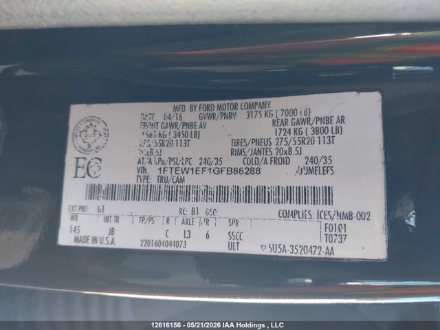 12616156 :رقم المزاد ، 1FTEW1EF1GFB86288 vin ، 2016 Ford F150 Supercrew مزاد بيع
