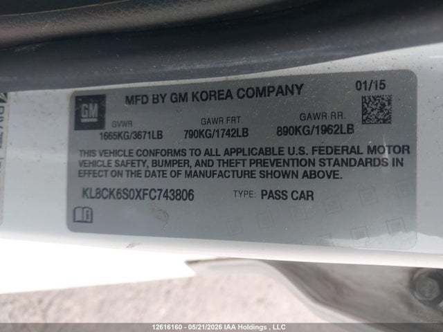 12616160 :رقم المزاد ، KL8CK6S0XFC743806 vin ، 2015 Chevrolet Spark Ev 1lt مزاد بيع
