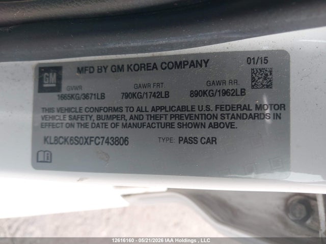 12616160 :رقم المزاد ، KL8CK6S0XFC743806 vin ، 2015 Chevrolet Spark Ev 1lt مزاد بيع