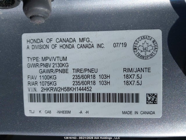 2HKRW2H58KH144452 Honda CR-V EX