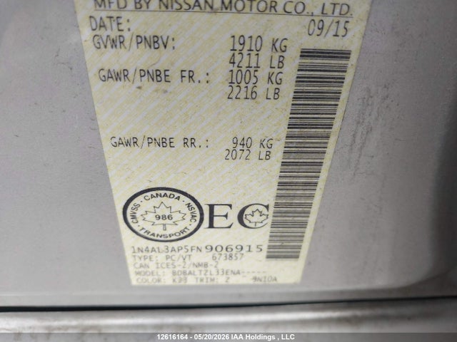 12616164 :رقم المزاد ، 1N4AL3AP5FN906915 vin ، 2015 Nissan Altima مزاد بيع