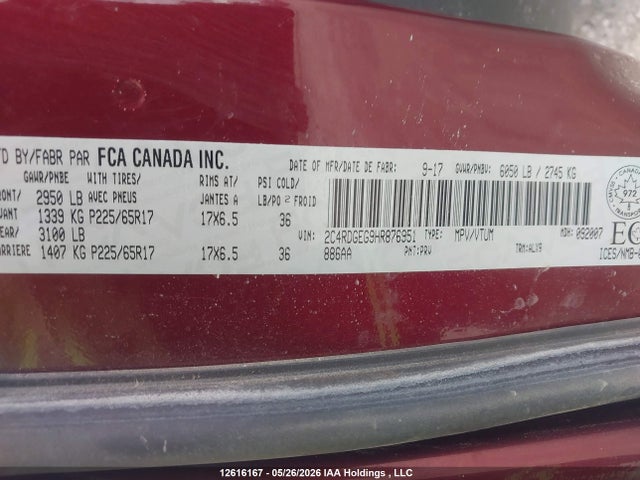 Продаж на аукціоні авто 2017 Dodge Grand Caravan Gt, vin: 2C4RDGEG9HR876951, номер лоту: 12616167