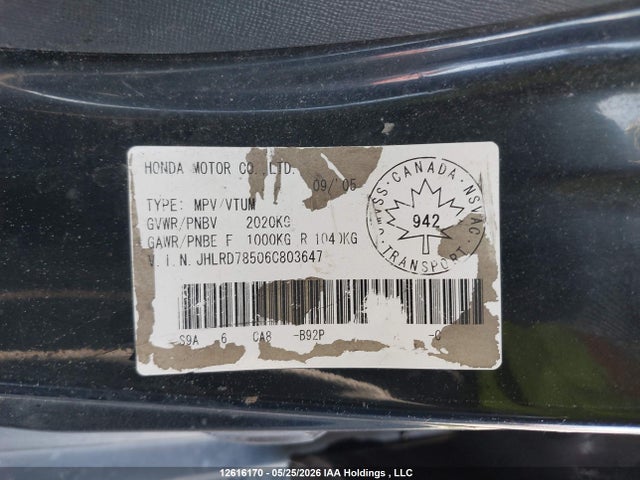 2006 Honda Cr-v Se მანქანა იყიდება აუქციონზე, vin: JHLRD78506C803647, აუქციონის ნომერი: 12616170