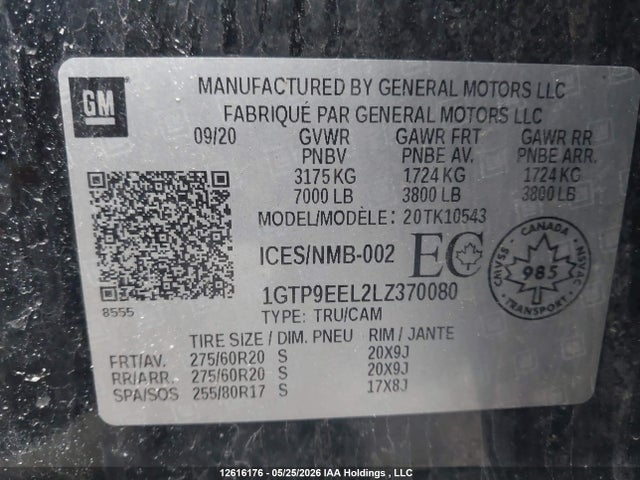 Продаж на аукціоні авто 2020 Gmc Sierra K1500 At4, vin: 1GTP9EEL2LZ370080, номер лоту: 12616176