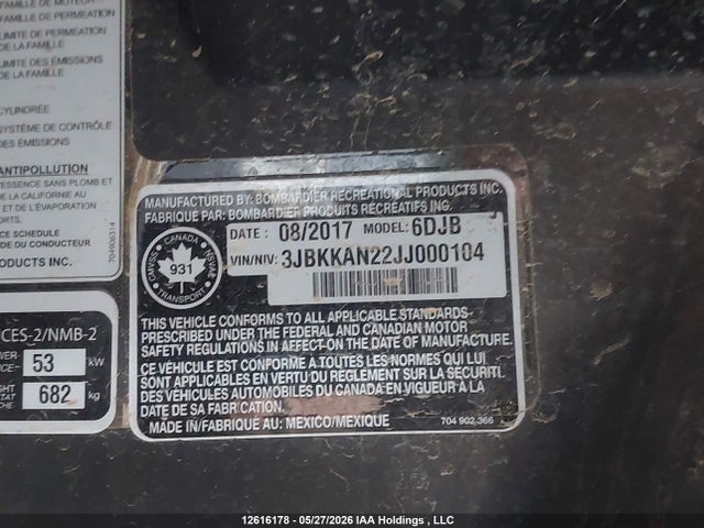 2018 Can-am Commander 800r Xt მანქანა იყიდება აუქციონზე, vin: 3JBKKAN22JJ000104, აუქციონის ნომერი: 12616178