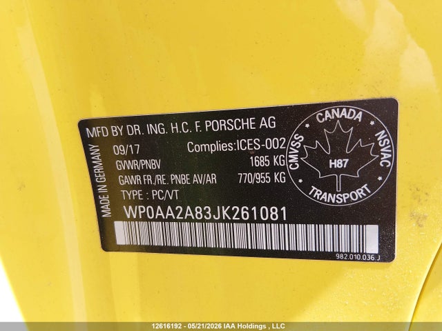 Aukcja sprzedaży 2018 Porsche Cayman, vin: WP0AA2A83JK261081, numer aukcji: 12616192