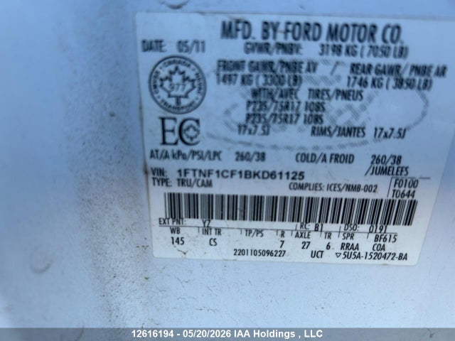 Продажа на аукционе авто 2011 Ford F150, vin: 1FTNF1CF1BKD61125, номер лота: 12616194