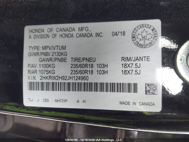 Honda Cr-v Touring 2018 2HKRW2H92JH124960 Image 9