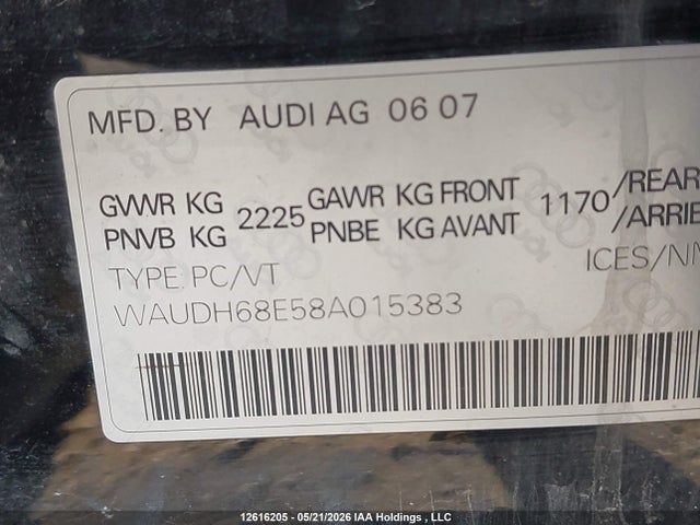Aukcja sprzedaży 2008 Audi A4 3.2 Quattro, vin: WAUDH68E58A015383, numer aukcji: 12616205
