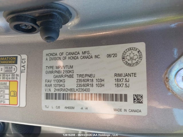 2020 Honda Cr-v Ex-l მანქანა იყიდება აუქციონზე, vin: 2HKRW2H80LH226400, აუქციონის ნომერი: 12616208