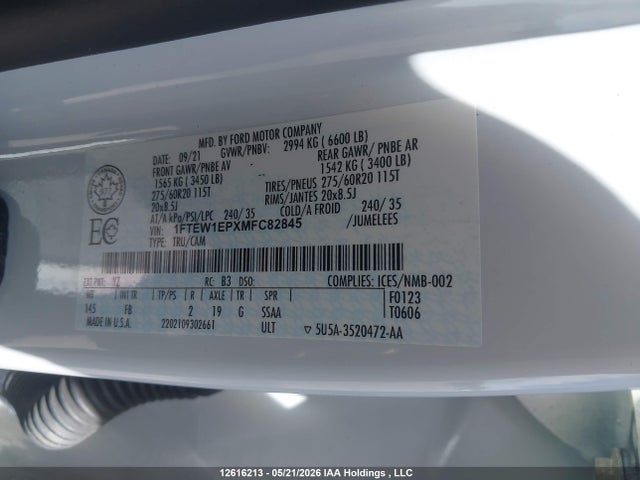 12616213 :رقم المزاد ، 1FTEW1EPXMFC82845 vin ، 2021 Ford F150 Supercrew مزاد بيع