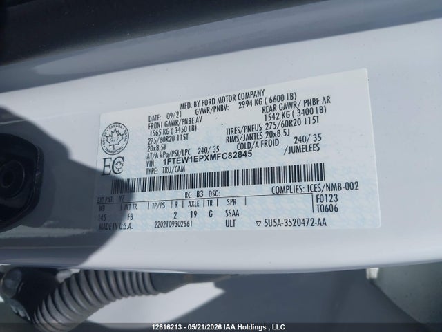 12616213 :رقم المزاد ، 1FTEW1EPXMFC82845 vin ، 2021 Ford F150 Supercrew مزاد بيع
