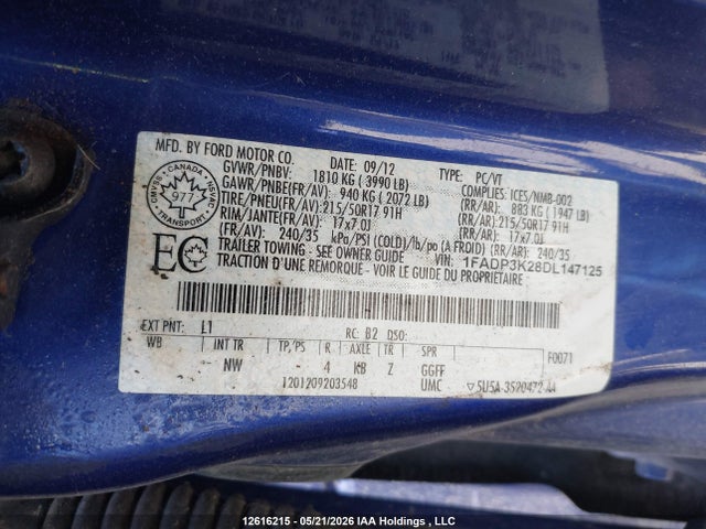 2013 Ford Focus მანქანა იყიდება აუქციონზე, vin: 1FADP3K28DL147125, აუქციონის ნომერი: 12616215