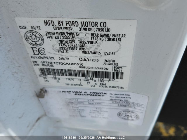 12616216 :رقم المزاد ، 1FTNF1CF2CKD50510 vin ، 2012 Ford F150 مزاد بيع
