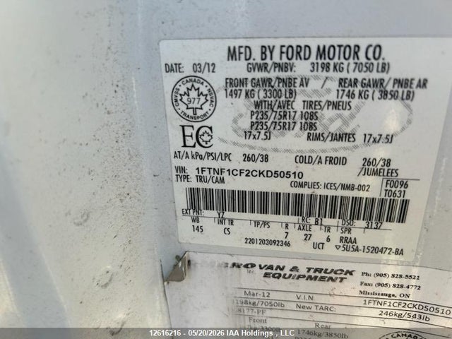 12616216 :رقم المزاد ، 1FTNF1CF2CKD50510 vin ، 2012 Ford F150 مزاد بيع