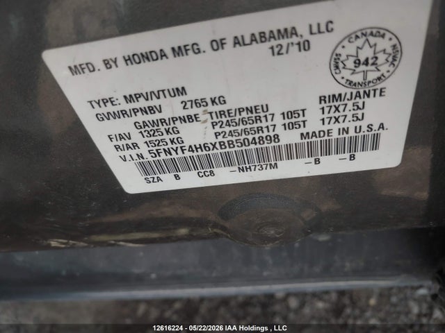 12616224 :رقم المزاد ، 5FNYF4H6XBB504898 vin ، 2011 Honda Pilot مزاد بيع