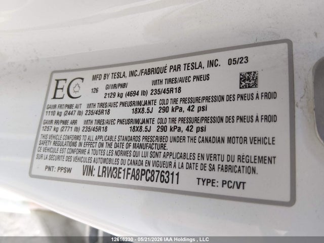 Tesla MODEL 3 2023 LRW3E1FA8PC876311 Image 9