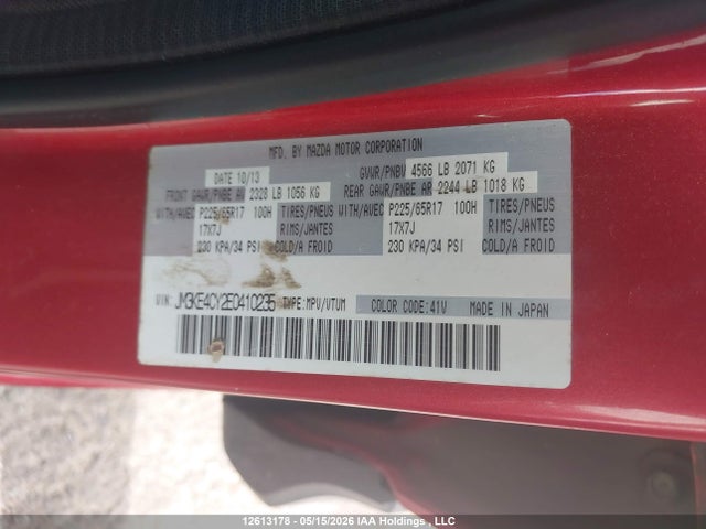 12613178 :رقم المزاد ، JM3KE4CY2E0410235 vin ، 2014 Mazda Cx-5 Gs مزاد بيع