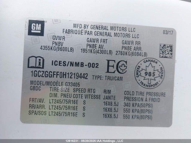 Aukcja sprzedaży 2017 Chevrolet Express, vin: 1GCZGGFF0H1219442, numer aukcji: 12616231