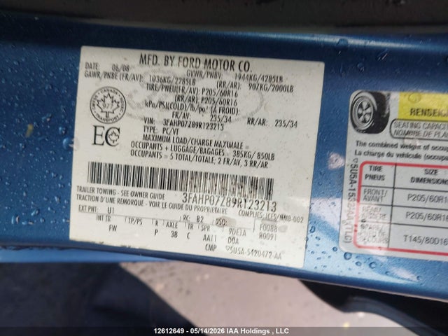 12612649 :رقم المزاد ، 3FAHP07Z89R123213 vin ، 2009 Ford Fusion Se مزاد بيع