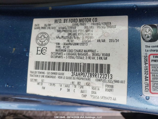 12612649 :رقم المزاد ، 3FAHP07Z89R123213 vin ، 2009 Ford Fusion Se مزاد بيع