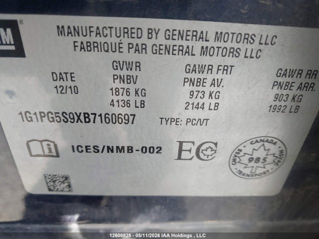 2011 Chevrolet Cruze Lt Turbo მანქანა იყიდება აუქციონზე, vin: 1G1PG5S9XB7160697, აუქციონის ნომერი: 12608828
