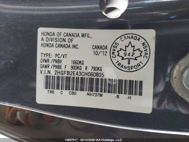 Aukcja sprzedaży 2012 Honda Civic Lx, vin: 2HGFB2E43CH060805, numer aukcji: 12607917