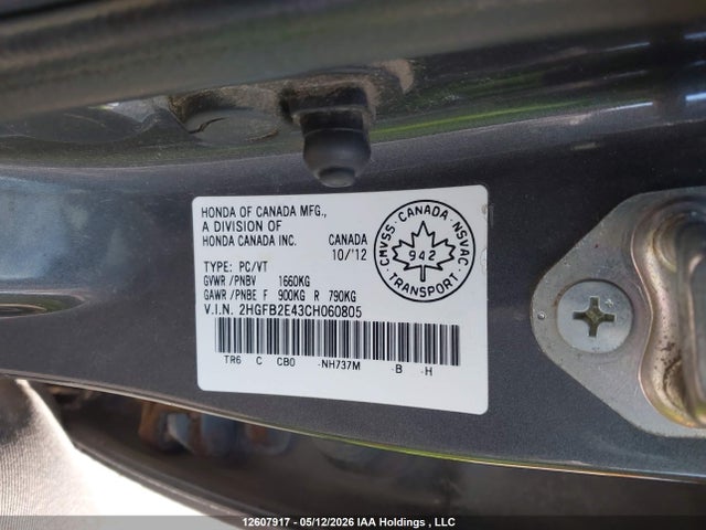 Aukcja sprzedaży 2012 Honda Civic Lx, vin: 2HGFB2E43CH060805, numer aukcji: 12607917