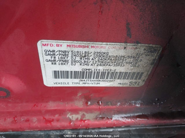 12603191 :رقم المزاد ، JA4JT5AXXBU602947 vin ، 2011 Mitsubishi Outlander Xls مزاد بيع