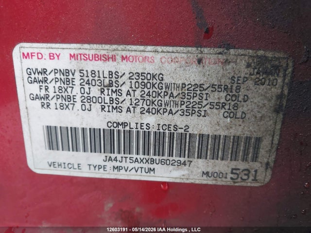 12603191 :رقم المزاد ، JA4JT5AXXBU602947 vin ، 2011 Mitsubishi Outlander Xls مزاد بيع