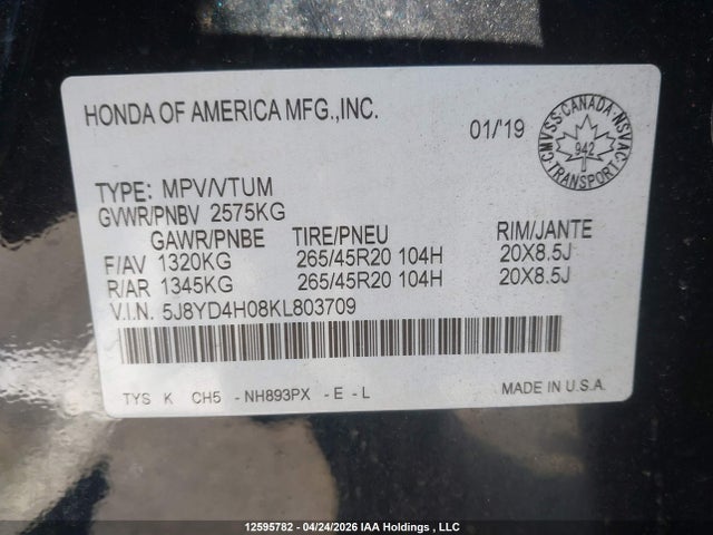 5J8YD4H08KL803709 Acura Mdx A-spec/elite