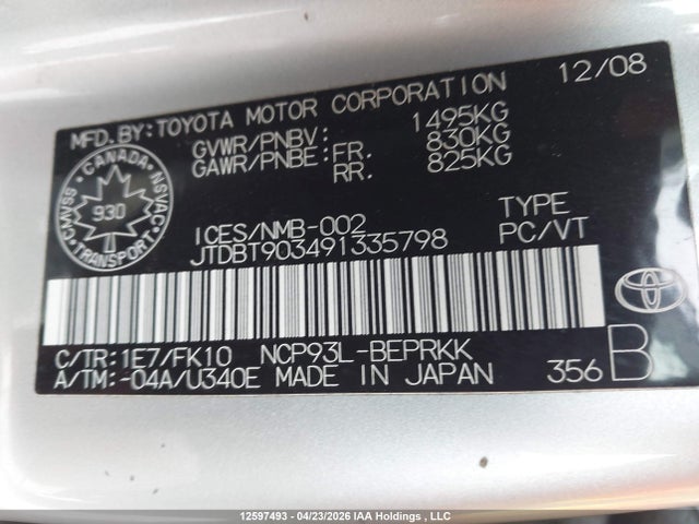 12597493 :رقم المزاد ، JTDBT903491335798 vin ، 2009 Toyota Yaris مزاد بيع