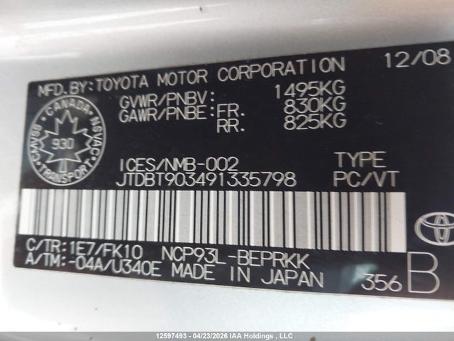 12597493 :رقم المزاد ، JTDBT903491335798 vin ، 2009 Toyota Yaris مزاد بيع