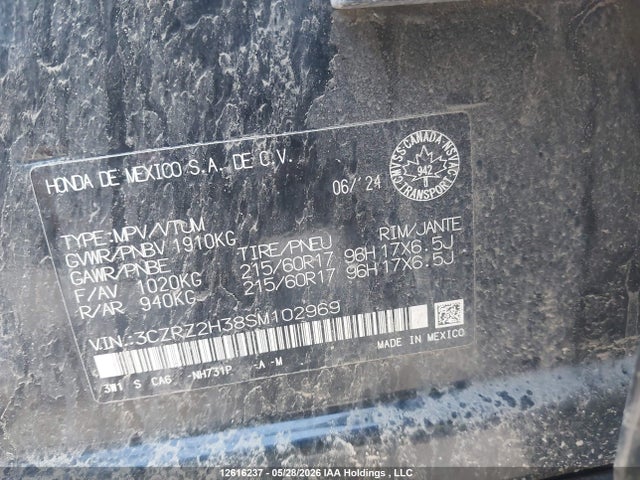 2025 Honda Hr-v Lx Awd მანქანა იყიდება აუქციონზე, vin: 3CZRZ2H38SM102969, აუქციონის ნომერი: 12616237