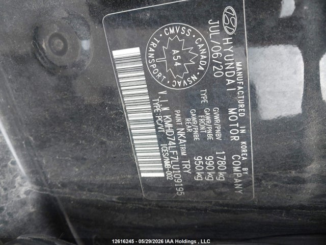 2020 Hyundai Elantra Se მანქანა იყიდება აუქციონზე, vin: KMHD74LF7LU109195, აუქციონის ნომერი: 12616245
