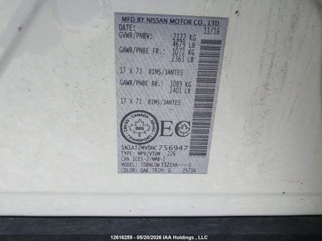 12616259 :رقم المزاد ، 5N1AT2MV0HC756947 vin ، 2017 Nissan Rogue Sv/sl مزاد بيع