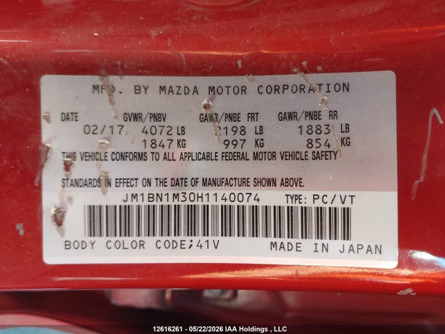 Продаж на аукціоні авто 2017 Mazda 3 Grand Touring, vin: JM1BN1M30H1140074, номер лоту: 12616261