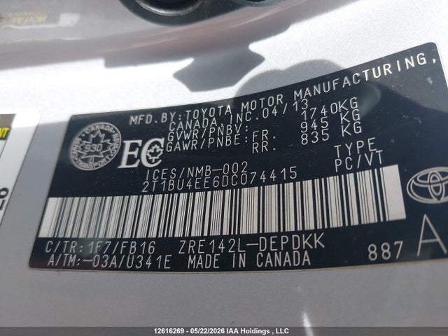 12616269 :رقم المزاد ، 2T1BU4EE6DC074415 vin ، 2013 Toyota Corolla Ce مزاد بيع